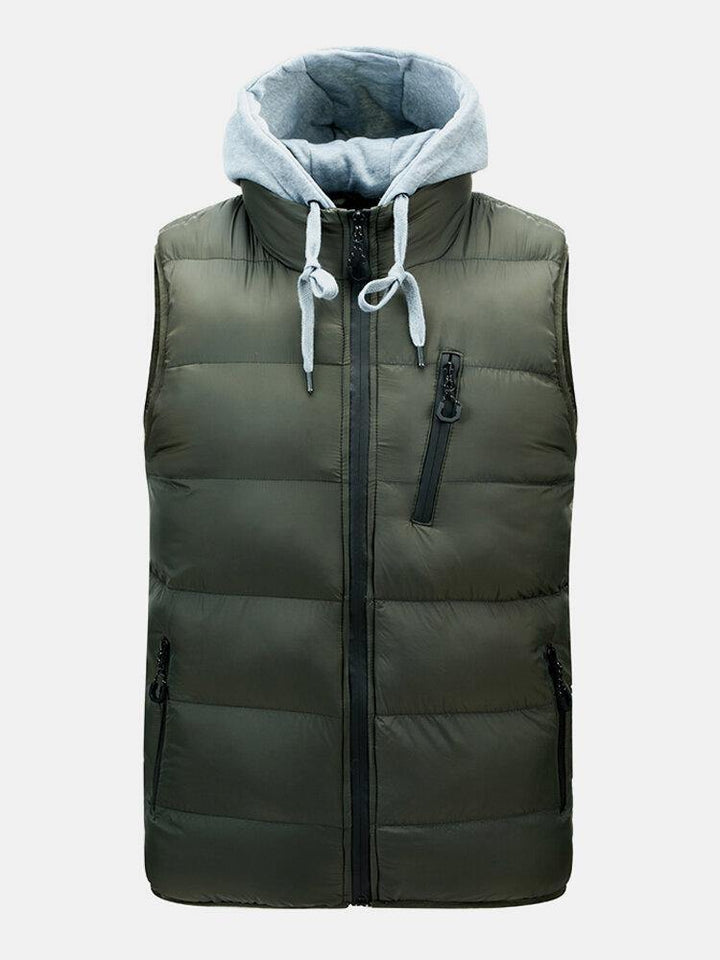 Mens Solid Color Zipper Detachable Hooded Warm Padded Gilet Vests - Trendha