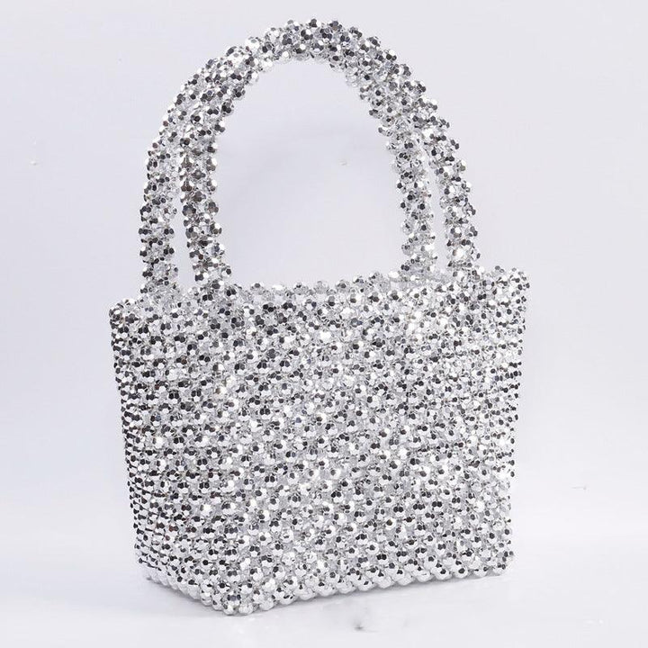 Simple Women's Silver Beaded Tote Basket Bag - Trendha