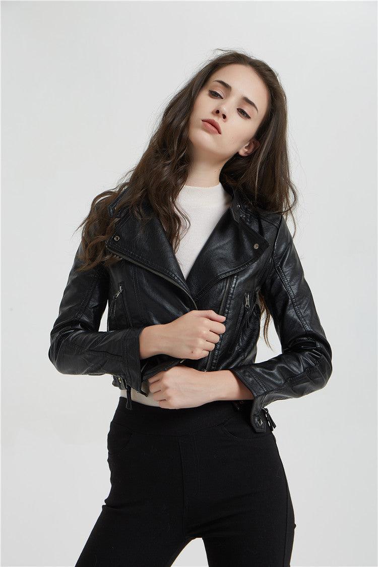 Fashion Women's Short Jacket With Washed Leather And Rivets - Trendha