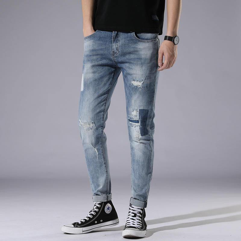 Light Blue Hole Jeans Men's Day Slim Stitching Patch Street Stretch Pants - Trendha