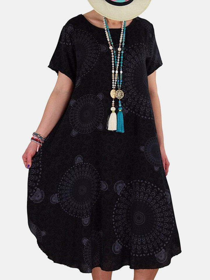 Women Tribal Print Round Neck Short Sleeve Vintage Dresses - Trendha