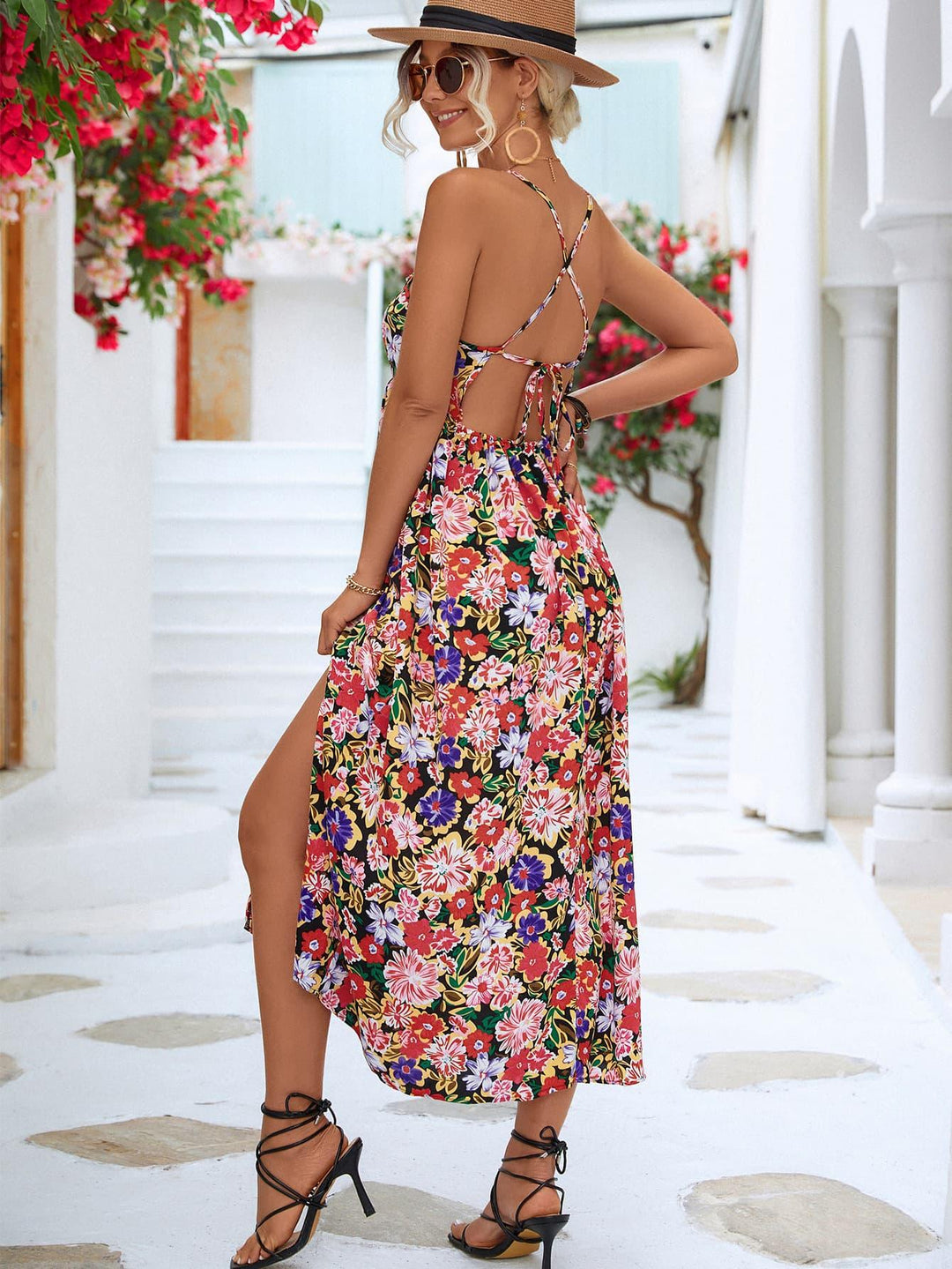 Floral Crisscross Backless Split Dress - Trendha