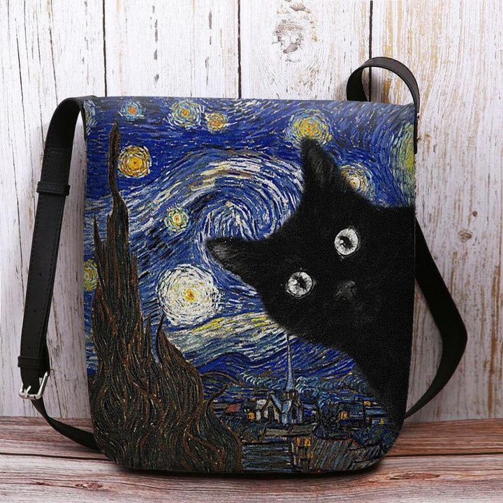 Women Felt Cute Casual Cartoon Cat Pattern With Starry Night Galaxy Paintings Crossbody Bag Shoulder Bag - Trendha