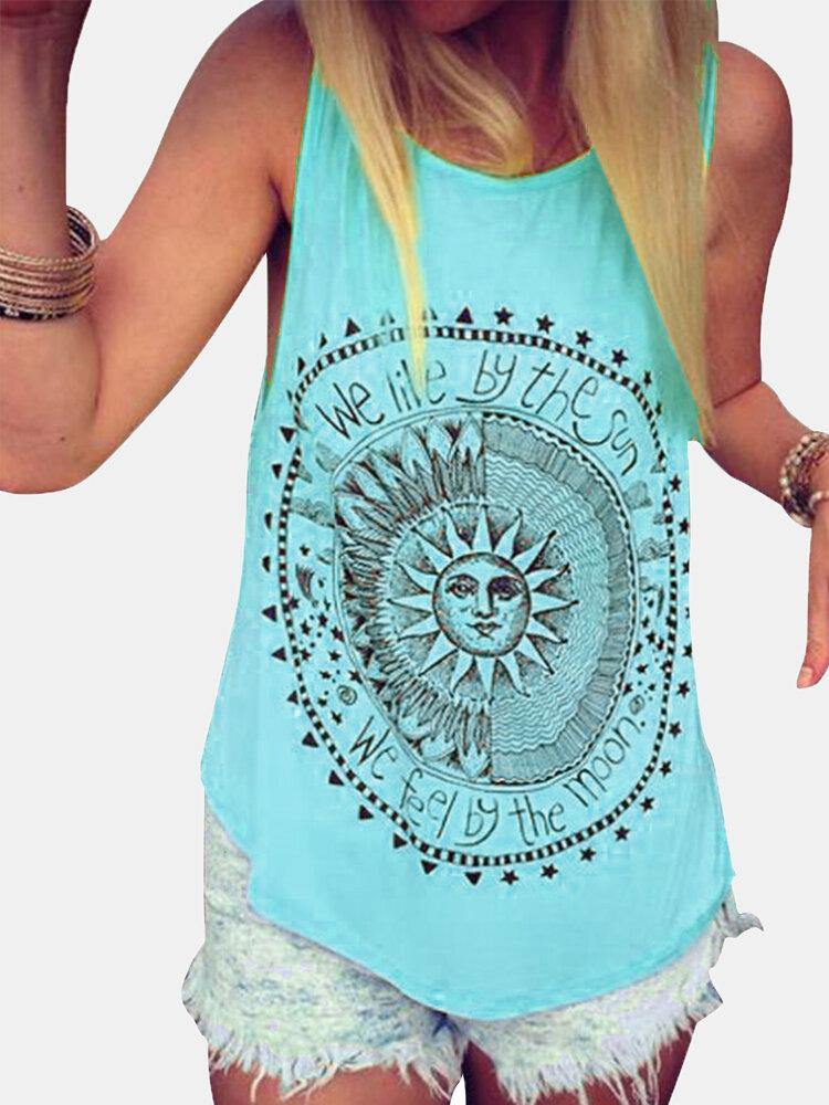 Disk Letter Print Round Neck Loose Summer Casual Tank Tops - Trendha