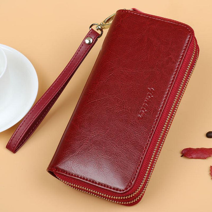 Oil Wax Leather Wallet Women Long Double-layer Zipper Large-capacity Hand Wallet Coin Purse - Trendha