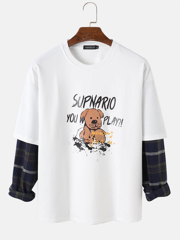 Mens Letter & Cartoon Dog Print Drop Shoulder Patchwork Plaid Sweatshirts - Trendha