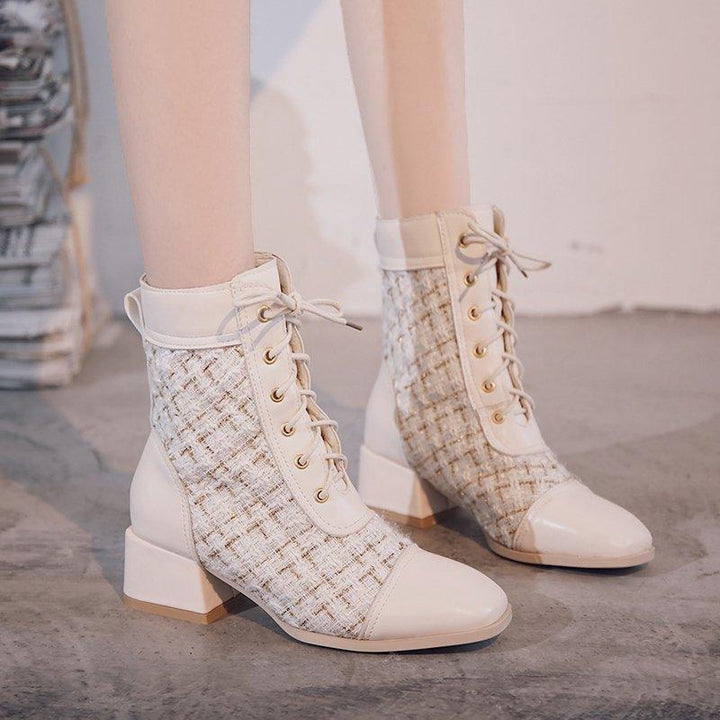 Round Toe Thick Heel Women's Boots With Front Lace Lattice - Trendha