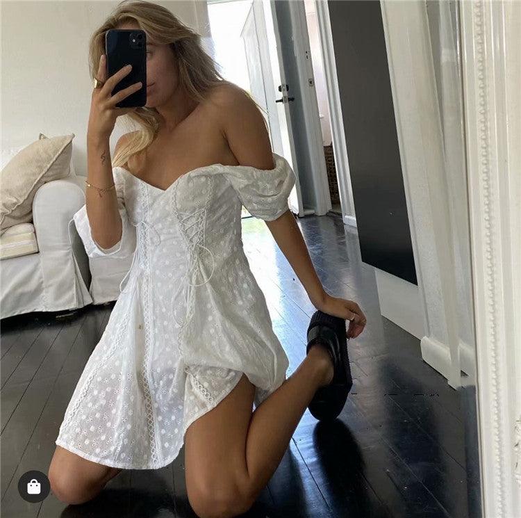 Short Sleeve Neck Waist A-Line Dress - Trendha