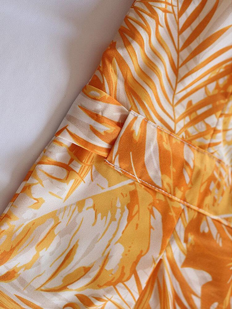 Tropical Plant Print Button Long Sleeve Shirt Dress - Trendha
