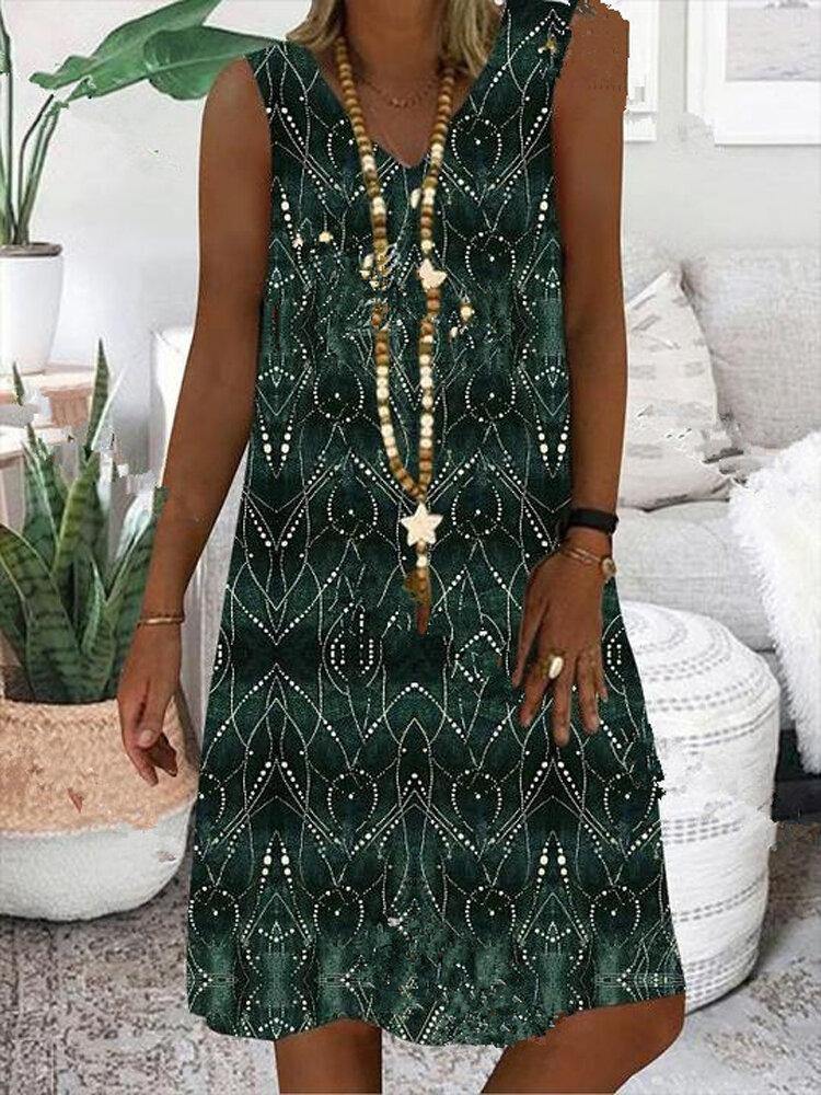 Women Print Sleeveless V-neck Vintage Casual Dress - Trendha