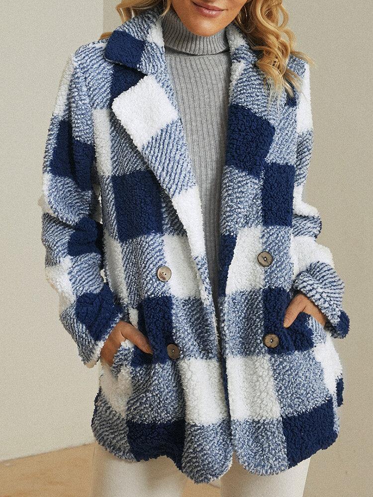 Women Plaid Warm Fluffy Plush Double Breasted Coat With Pocket - Trendha