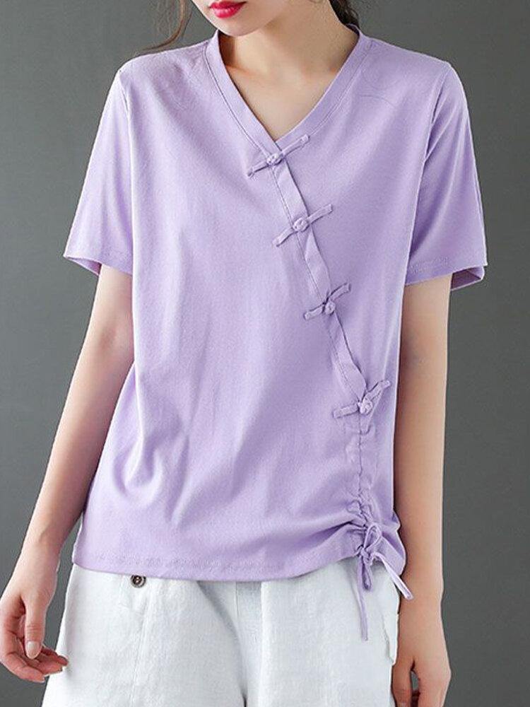 Women loose Solid Color V-neck Short Sleeve Drawstring Ethnic T-Shirt - Trendha