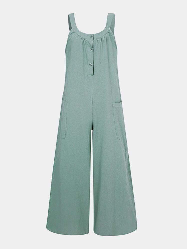Solid Color Button Pocket Strap Sleeveless Loose Casual Jumpsuit - Trendha