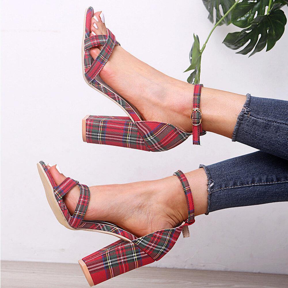 Women Plaid Cross Strap Lattice Decor Buckle High Heel Sandals - Trendha