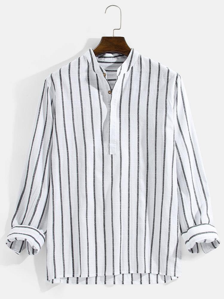 Mens Vertical Striped Stand Collar Cotton Casual Long Sleeve Henley Shirts - Trendha
