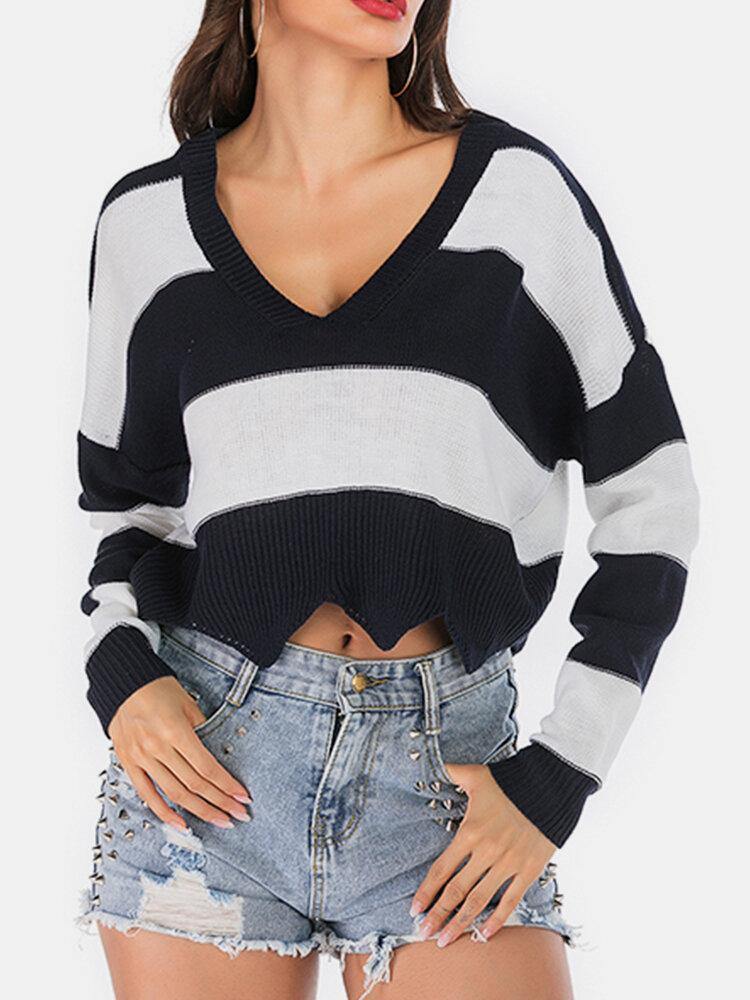 Women Striped V-Neck Wavy Hem Knitted Pullover Crop Sweater - Trendha