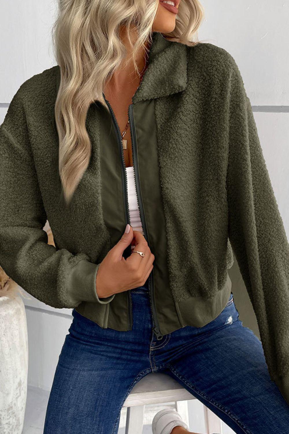 Zip-Up Sherpa Collared Neck Jacket with Pockets - Trendha