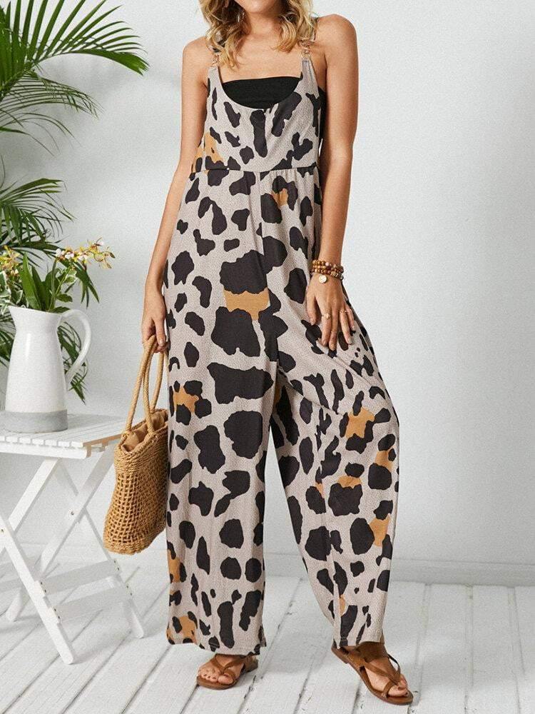 Leopard Print Sleeveless Straps Casual Loose Wide Leg Jumpsuit For Women - Trendha