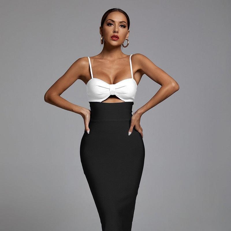 Fashion Waist Hollow Design 2021 New Sexy Solid Color V-Neck Halter Celebrity Party Club Bandage Long Dress - Trendha