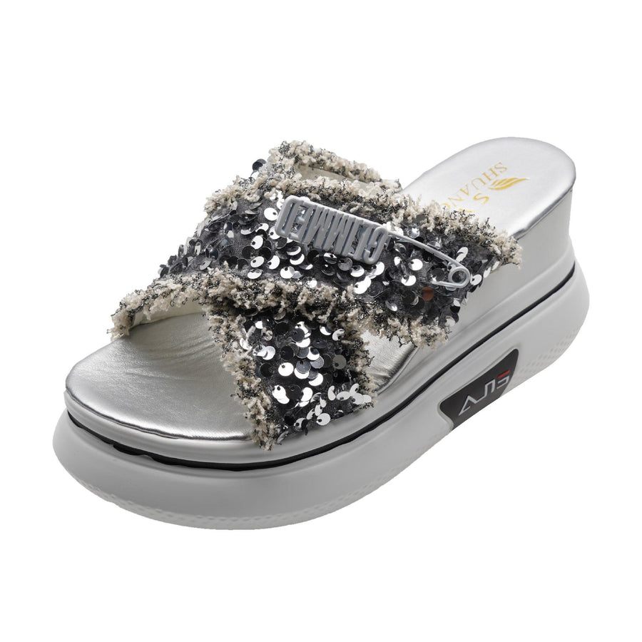 Fashion Sequined Sponge Cake, Thick-soled Crossover, Wedge Heel Sandals And Slippers - Trendha