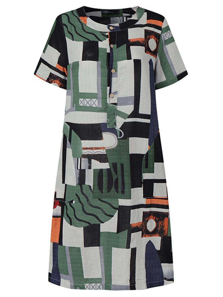 Women Geometry Print Short Sleeve Vintage Dresses with Pockets - Trendha