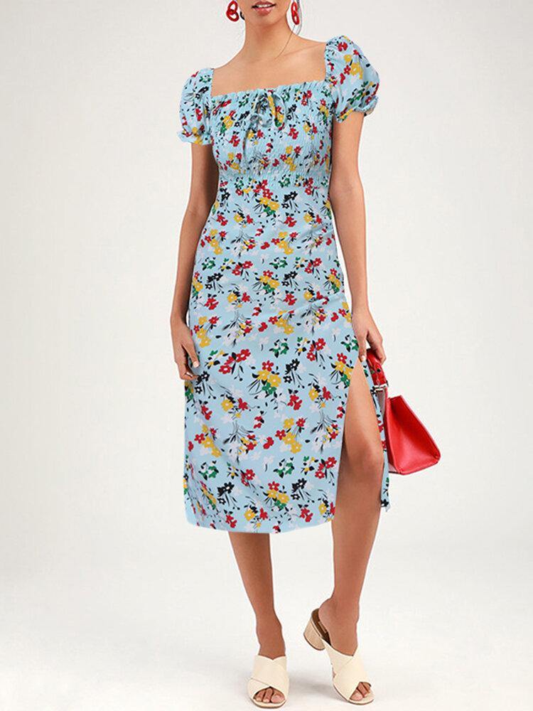 Square Neck Pleated Flower Priting Elegant Fashion Midi Dress - Trendha