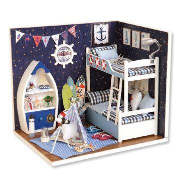 Cute Room Wooden DIY Handmade Assemble Miniature Doll House Kit Toy with LED Light Dust Cover for Gift Collection - Trendha