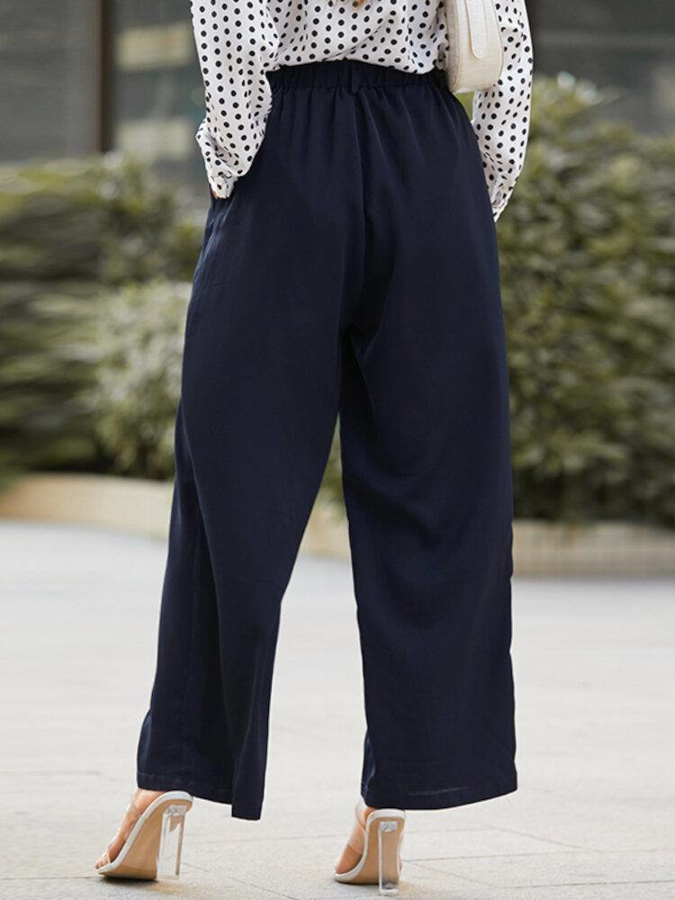Women High Waist Solid Color Casual Loose Wide Leg Pants Suit Pants With Pocket - Trendha