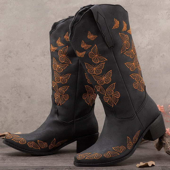Plus Size Women Retro Butterfly Embroidered Mid Calf Cowboy Boots - Trendha