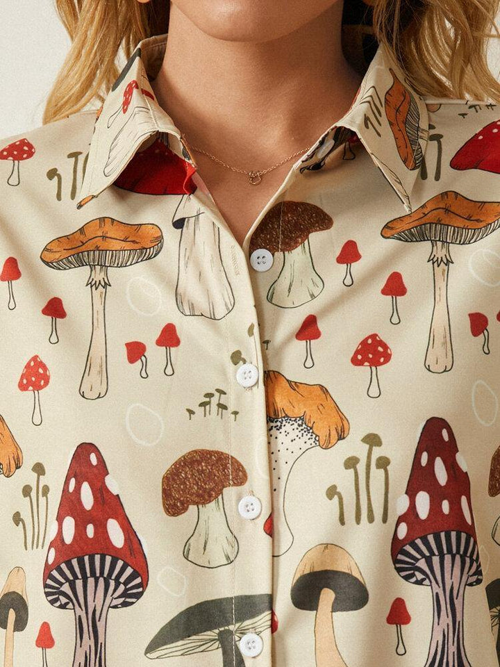 Stylish Casual Mushroom Print Lapel Collar Half Sleeve Button Blouse for Women - Trendha