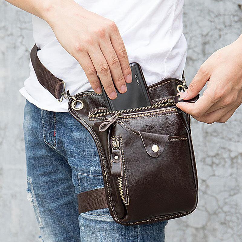 Men Genuine Leather Solid Color Outdoor Sport Practical Wear-resistance Belt Bag Leg Bag Waist Bag - Trendha