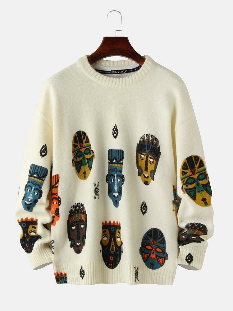 Mens Ethnic Figure Pattern Print Cotton Crew Neck Knitted Casual Pullover Sweater - Trendha
