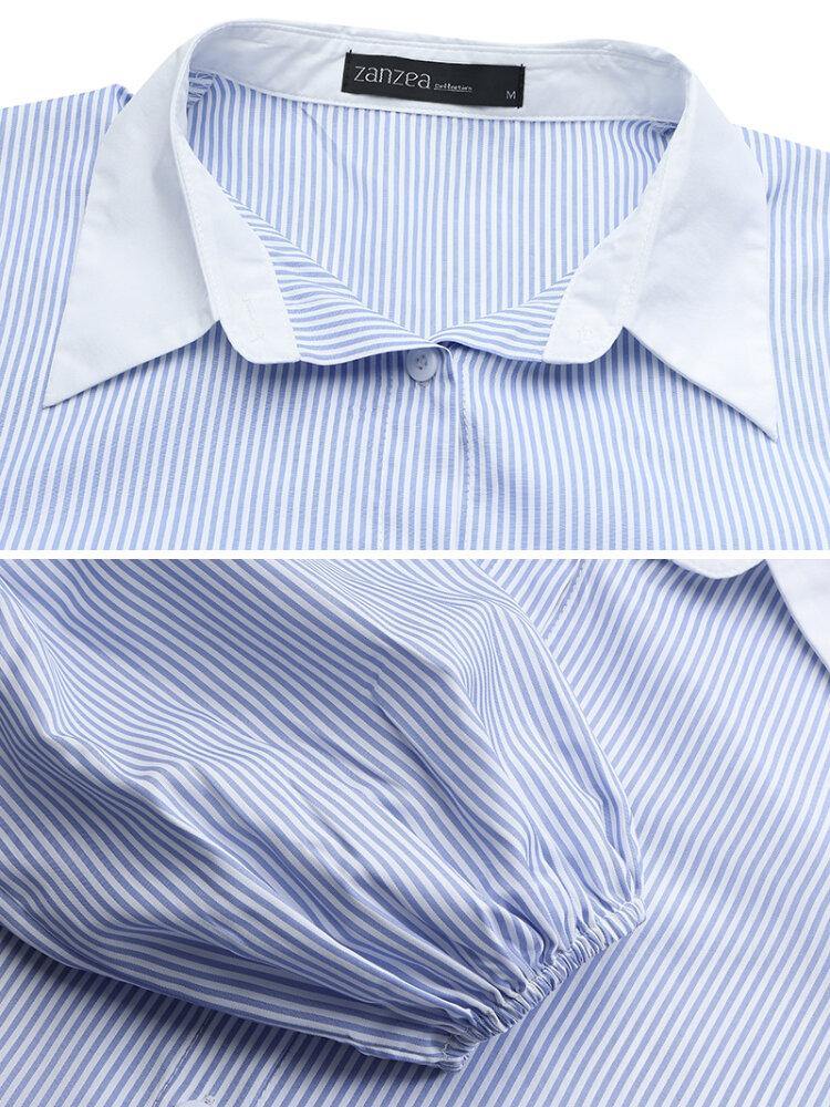 Women Pinstripe Contrast Collar Casual Stitching Sleeve Shirt Dresses - Trendha