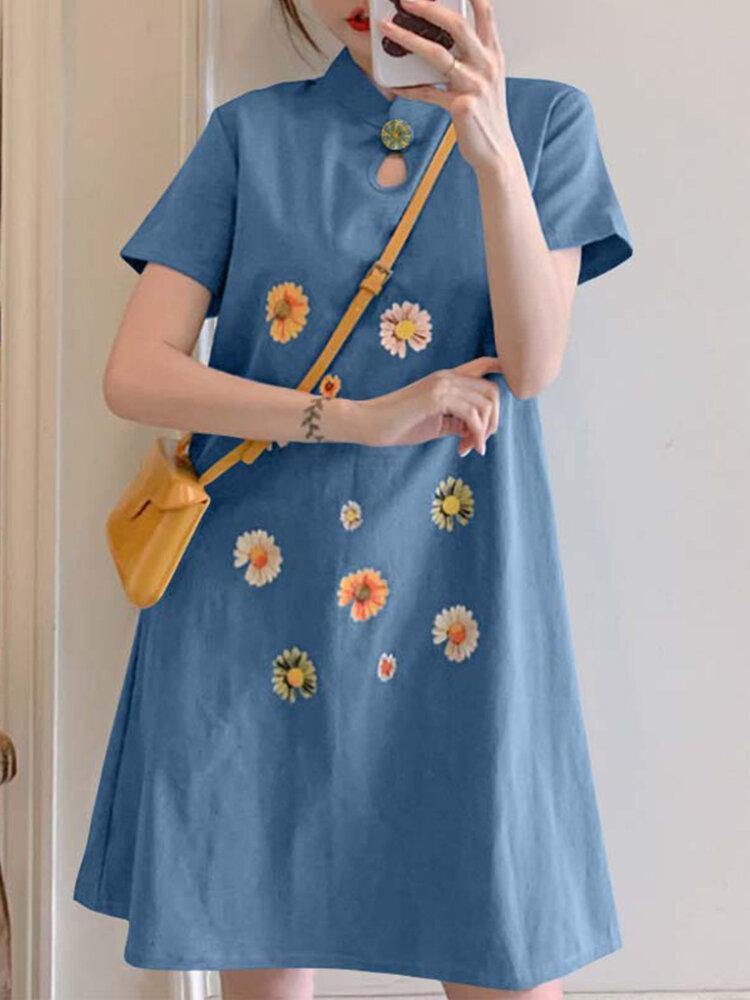 Embroidery Floral Splicing Lapel Casual Dress For Women - Trendha