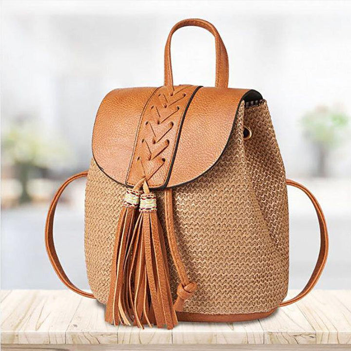 Women Tassel Straw Bag Retro Beach Bag Backpack Bucket Bag - Trendha