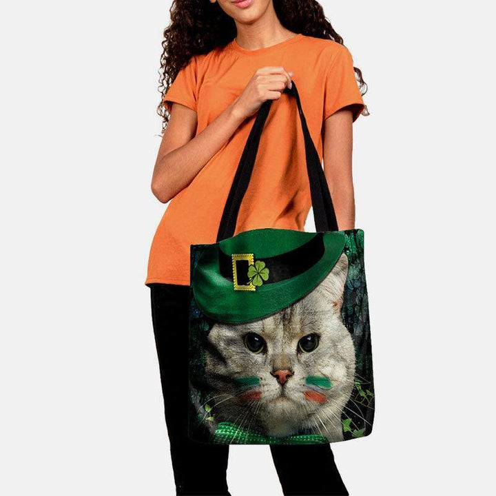 Women Clover Cat Pattern Print Happy St Patrick Day Shoulder Bag Handbag Tote - Trendha