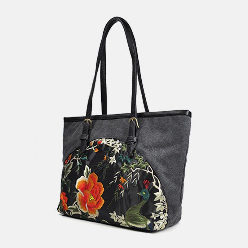 Women Canvas Ethnic Style Embroidered Floral Large Capacity Handbag Shoulder Bag Tote - Trendha