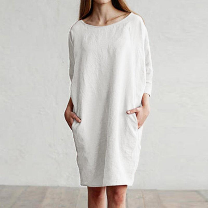 Cotton and linen stitching round neck pocket dress - Trendha
