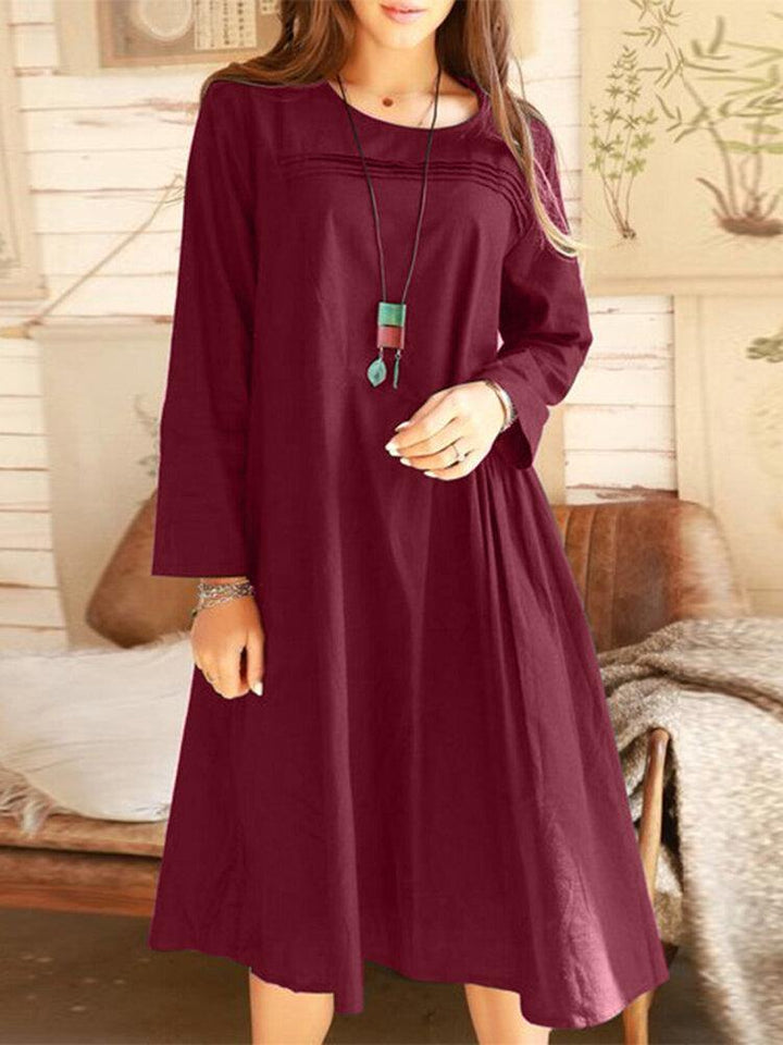 Women Solid Color O-Neck Long Sleeve Simple Dress - Trendha