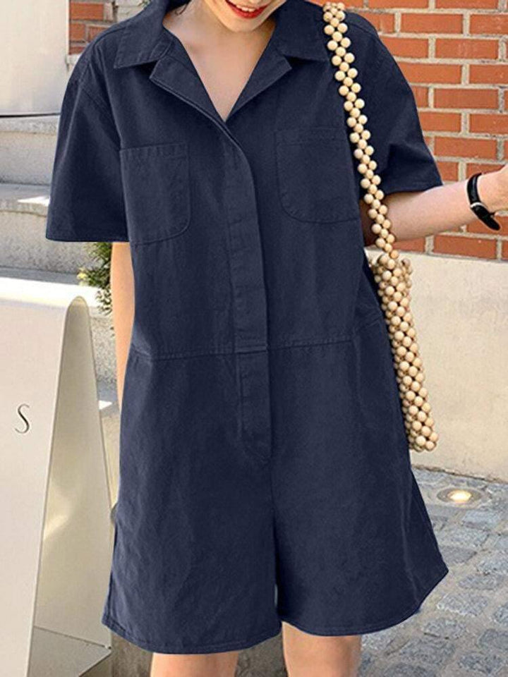 Women Solid Color Button Lapel Short Sleeve Loose Casual Jumpsuit With Pocket - Trendha