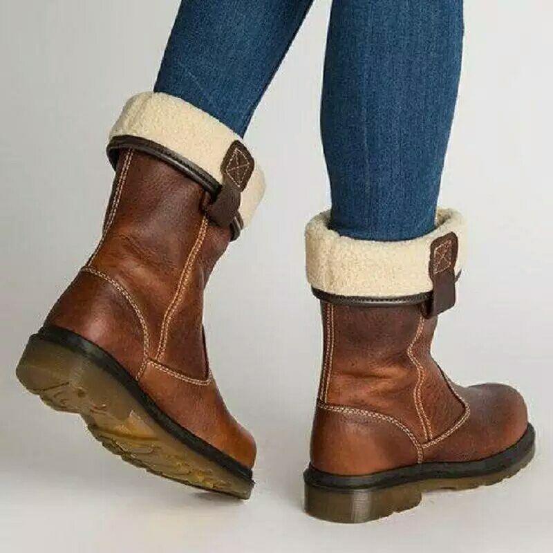 Plush warm flat bottomed medium boots women's large - Trendha