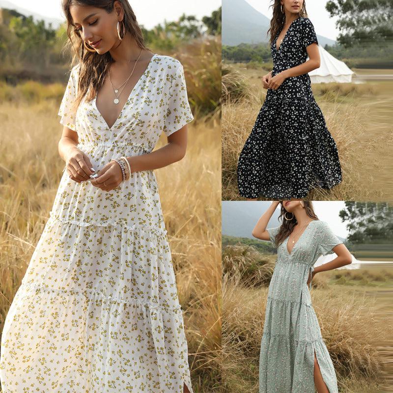 Ruffled Floral V-Neck Dress - Trendha