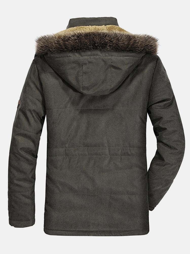 Mens Fleece Lined Multi Pocket Faux Fur Collar Detachable Hooded Coat - Trendha