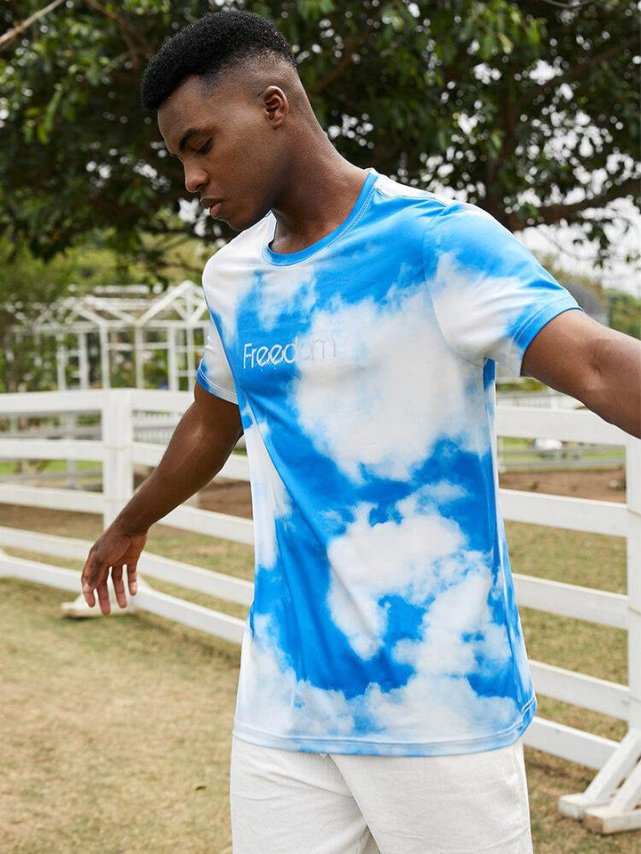 Mens Freedom Cloud Sky Print Short Sleeve Blue T-Shirts - Trendha