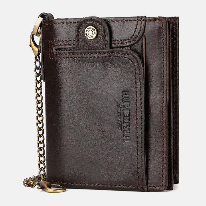 Men Genuine Leather RFID Anti-theft Zipper Multi-slot Card Holder Wallet With Chain - Trendha