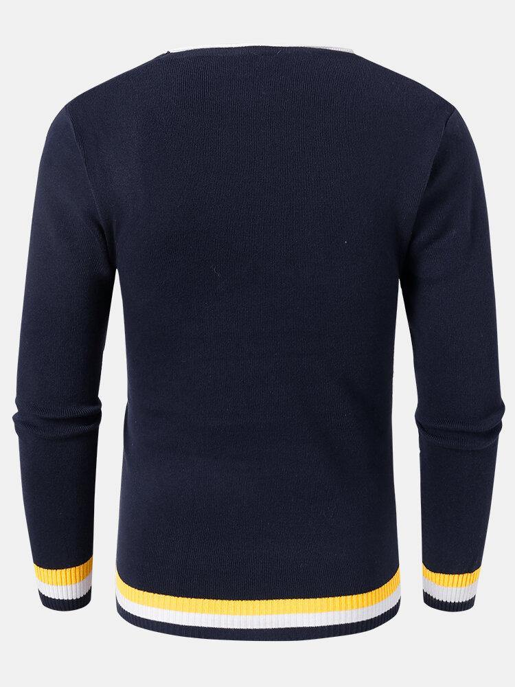 Mens Knitted Contrast Rib Round Neck Long Sleeve Pullover Sweaters - Trendha