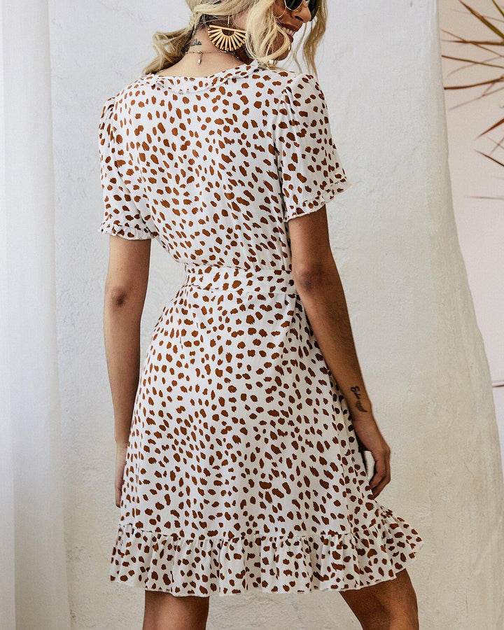 Bohemian Ruffle Wrap Animal Print Belted V-neck Short Sleeves Dress - Trendha