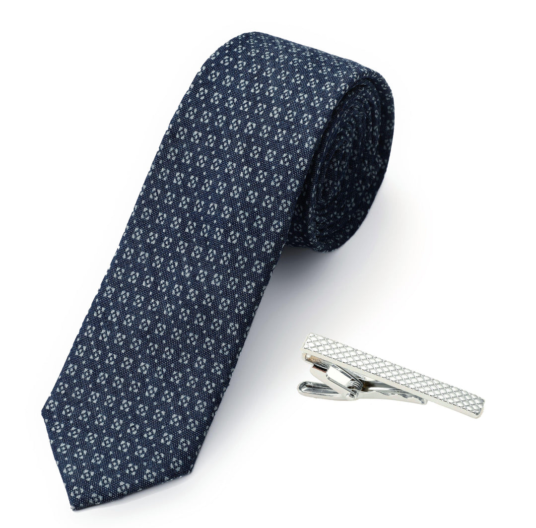 2.4 inch Chambray Skinny Cotton Blue Ties for Men Summer Necktie Royal Navy Blue Tie with one Tie Clip Gift Set - Trendha