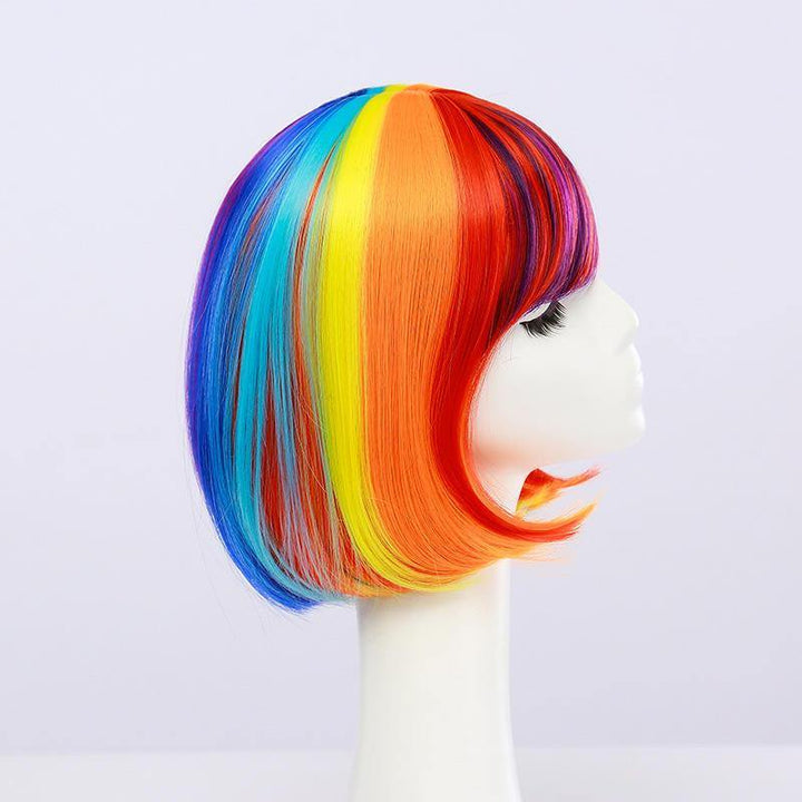 Anime Rainbow Wigs Colorful BOB Head Short Hair Wig Full Bangs High Temperature Wire Headcover Cosplay Hair Wigs - Trendha