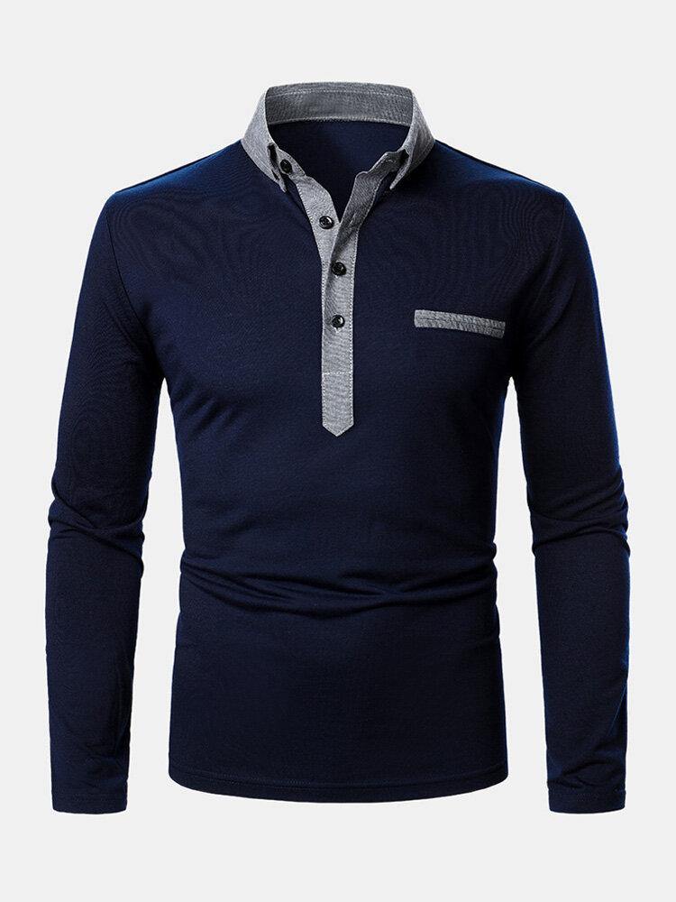 Mens Two Tone Lapel Casual Long Sleeve Golf Shirts With Pocket - Trendha